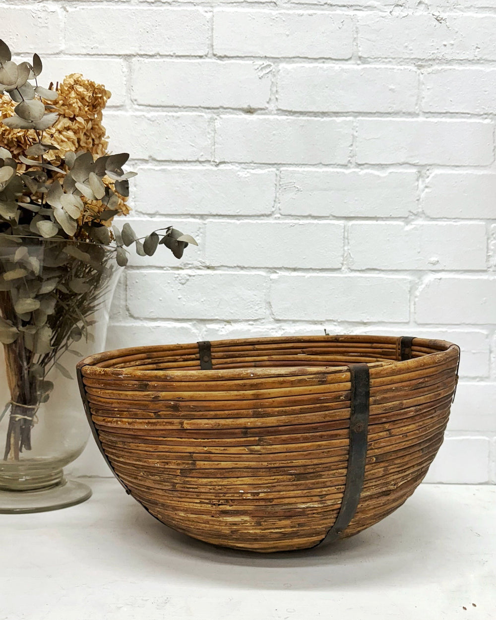 Vintage iron reinforced round cane basket - La Casa by Importante