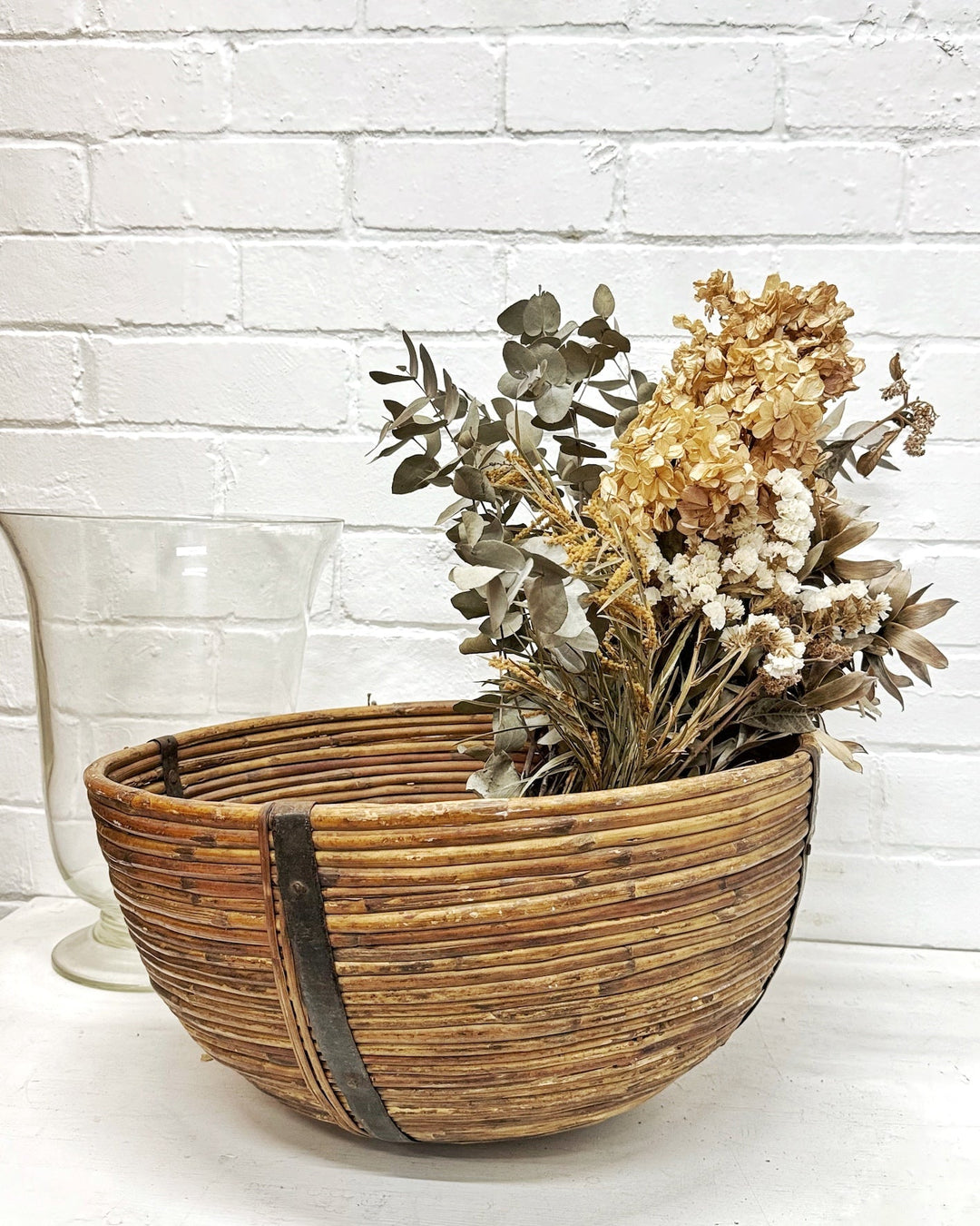 Vintage iron reinforced round cane basket - La Casa by Importante