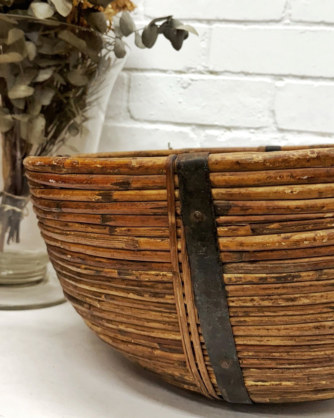 Vintage iron reinforced round cane basket - La Casa by Importante