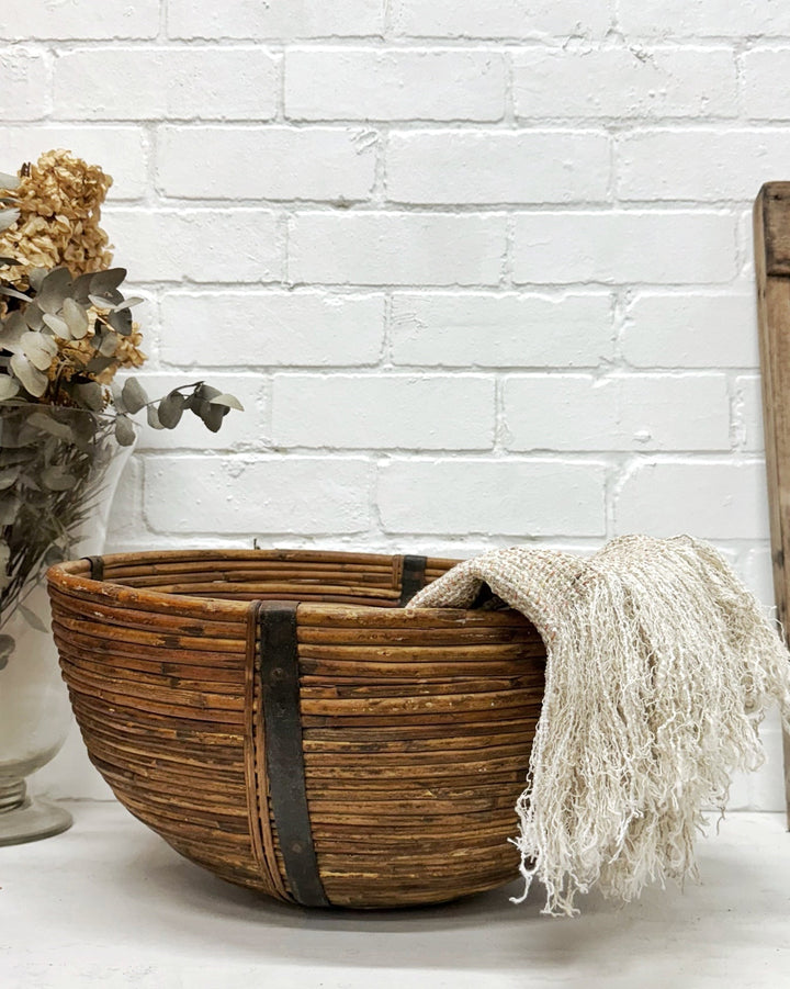 Vintage iron reinforced round cane basket - La Casa by Importante